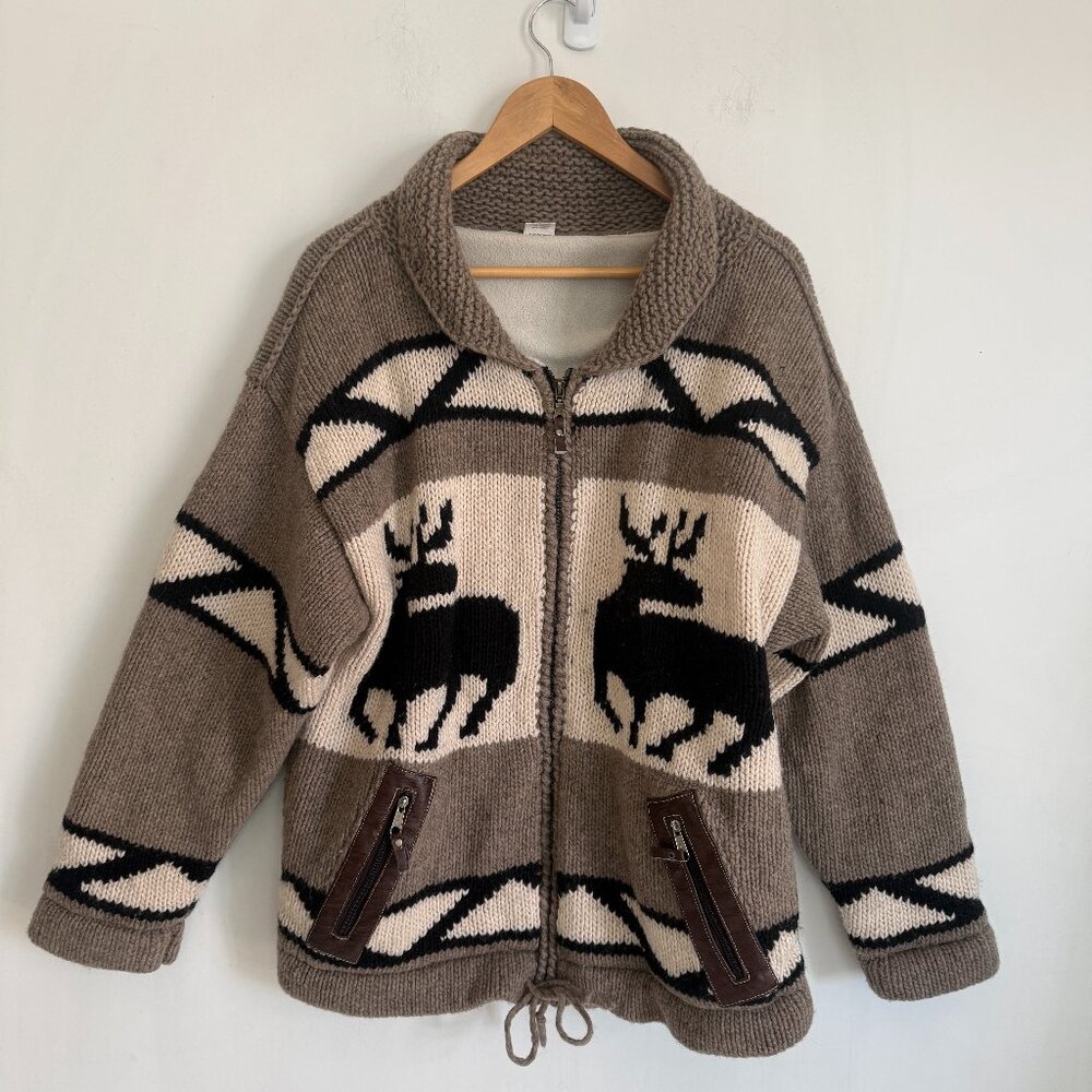 Ecuador Unisex Knit Cardigan Cowichan Style Deer 100% Lama Wool Lined Size L
